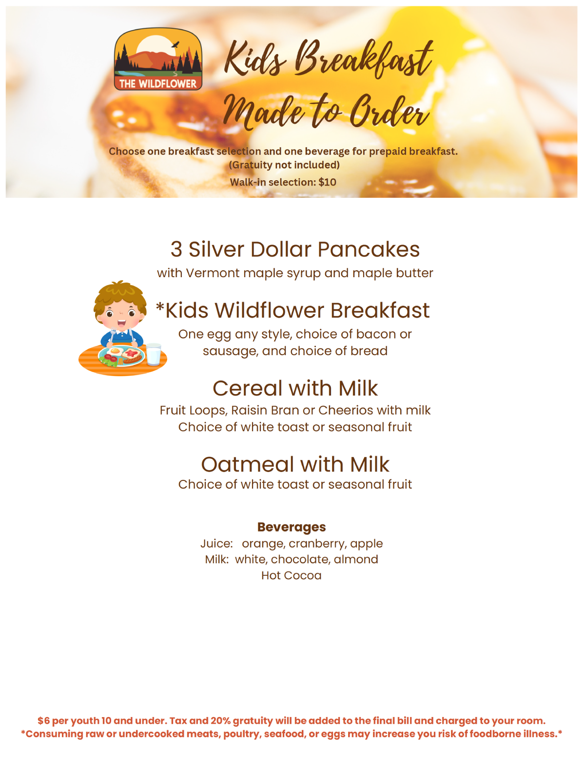 Kids breakfast menu with pancakes, wildflower breakfast, cereal with milk, and oatmeal with milk.