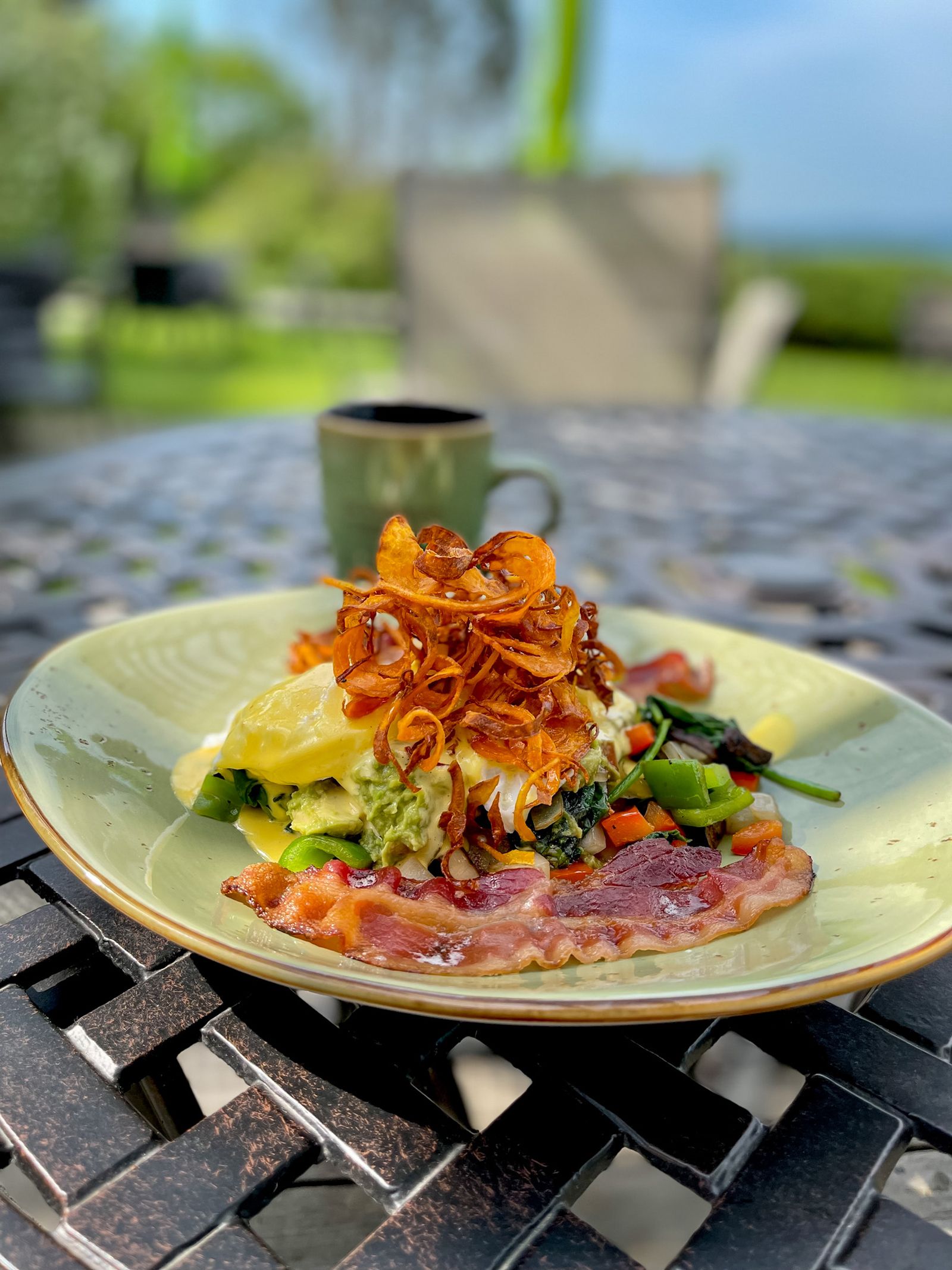 Plated gourmet dish with crispy garnish on an outdoor table, soft-focus garden background