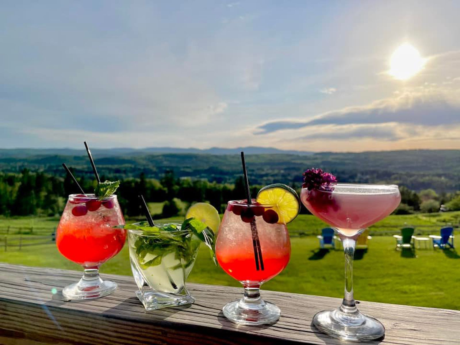 Four colorful cocktails on a railing overlooking a sunny green valley at sunset