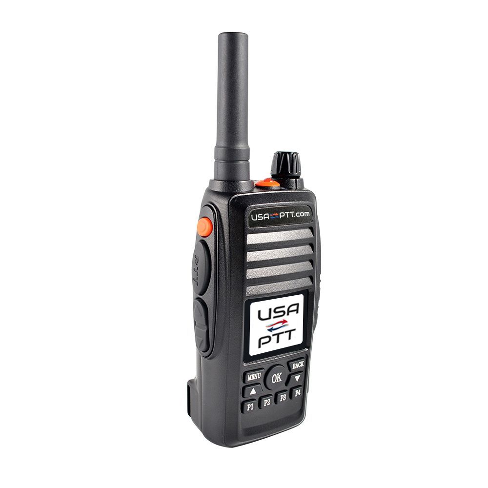A usa ptt walkie talkie on a white background.