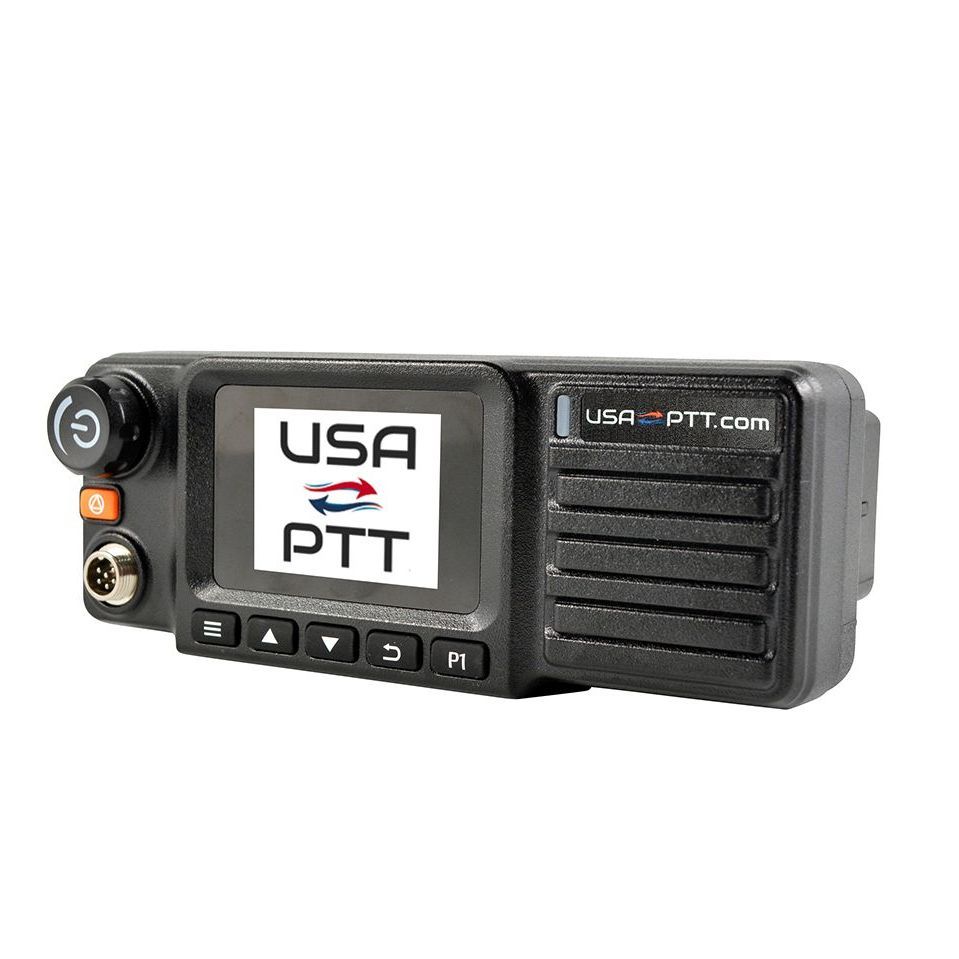 A black radio with a screen and buttons on a white background.