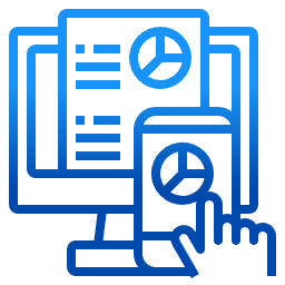 Blue icon of a computer and smartphone displaying pie charts and data. A hand touches the phone screen.