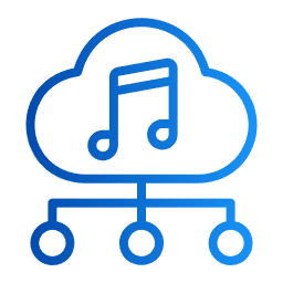 Blue cloud with a musical note inside, connected to three circular nodes.