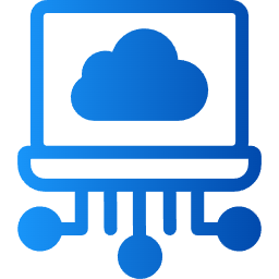 Blue laptop with a cloud icon on the screen, connected to three circles, representing cloud computing.