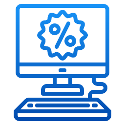 Blue icon of a computer screen displaying a percentage symbol.