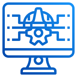 Blue icon: Computer monitor displaying circuit board and gear, symbolizing technology and programming.