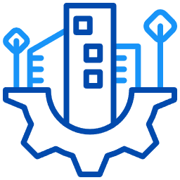 Blue and white icon of city buildings atop a gear, with trees on either side.
