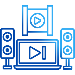 A blue icon of a laptop displaying a play button, flanked by two speakers, with another video screen icon above.
