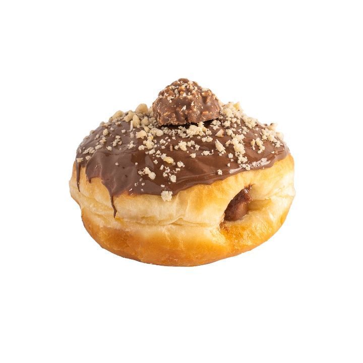 A glazed donut topped with chocolate frosting, chopped nuts, and a small candy.