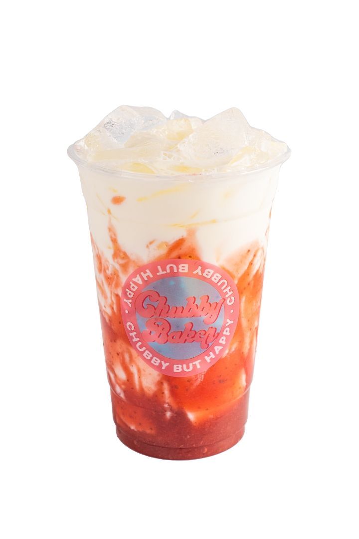 Strawberry drink in a clear plastic cup with the logo 
