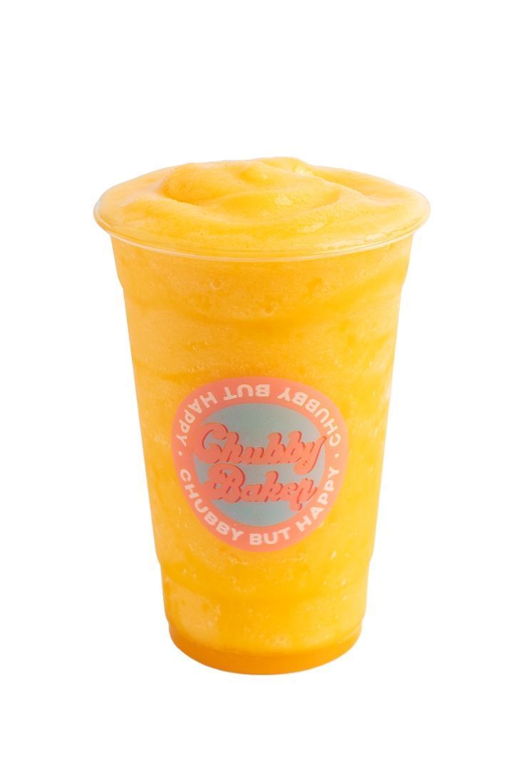 Mango smoothie in a clear plastic cup with a pink logo.