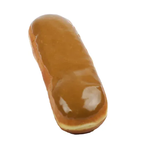 Long donut with brown caramel frosting.