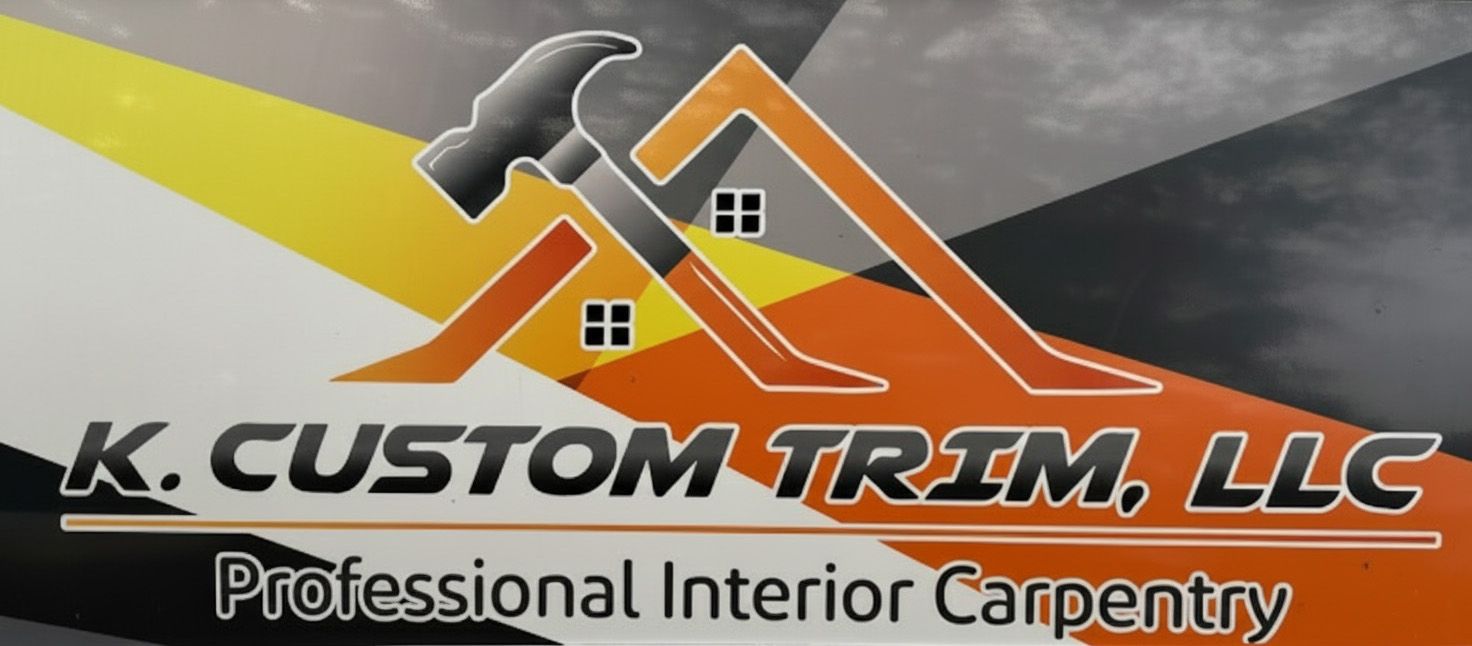 Logo for K. Custom Trim, LLC: hammer over orange house outline, text reads "Professional Interior Carpentry".