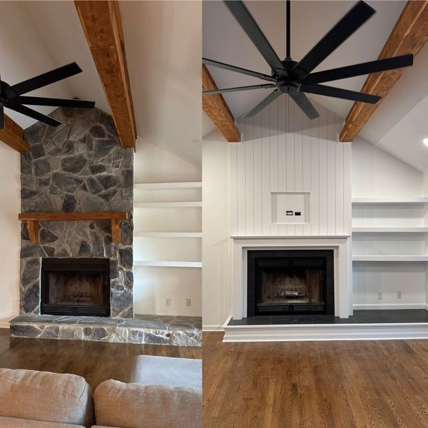 Before and after of a living room fireplace makeover. Left: stone fireplace. Right: white shiplap with black fireplace.