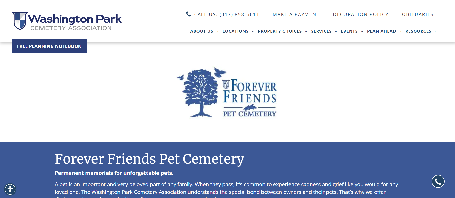 The website for washington park forever friends pet cemetery