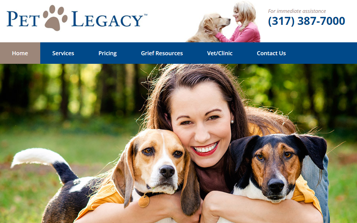 A woman is hugging three dogs on the pet legacy website.