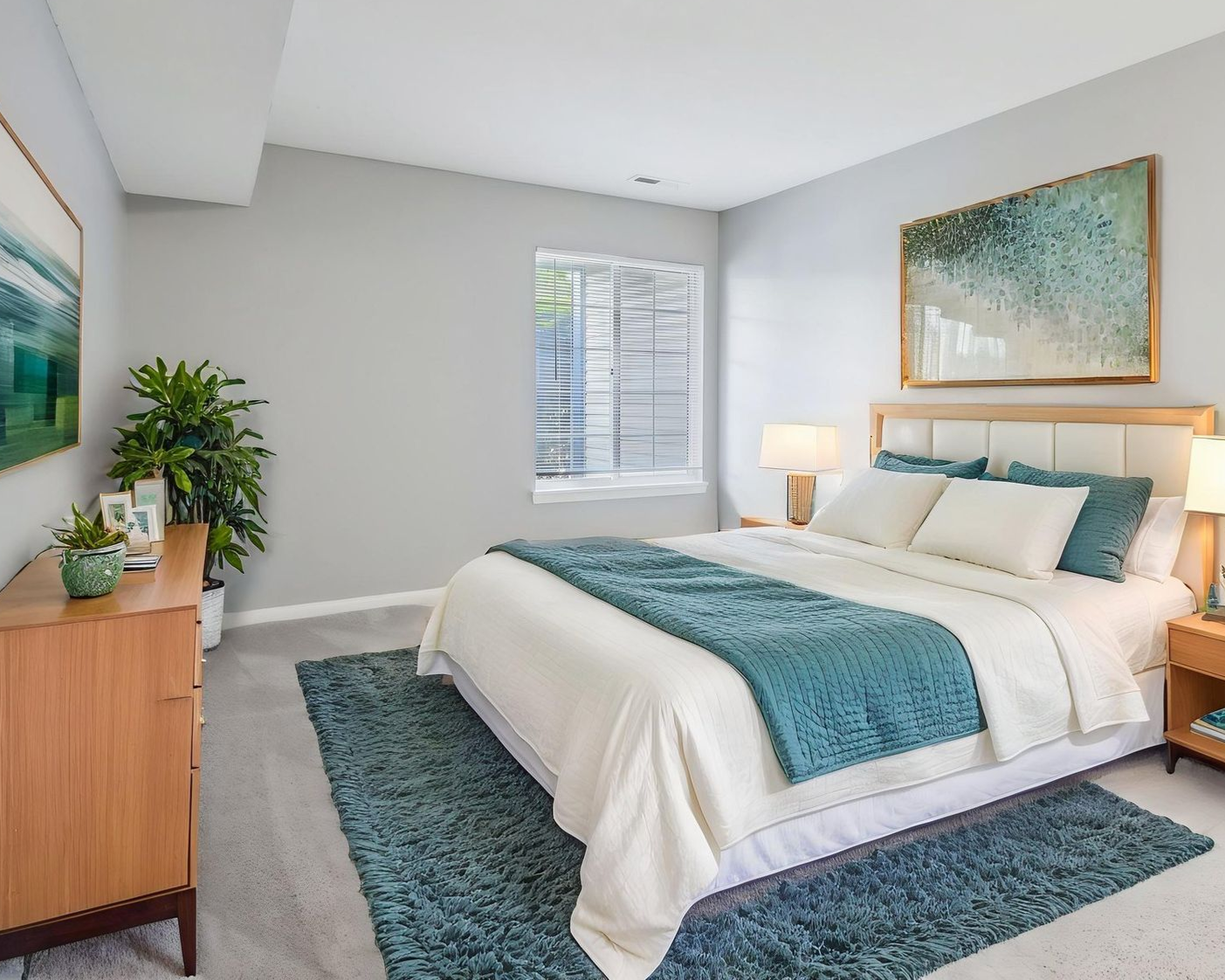 Bedroom with gray walls, a bed with teal accents, wooden furniture, and a rug.