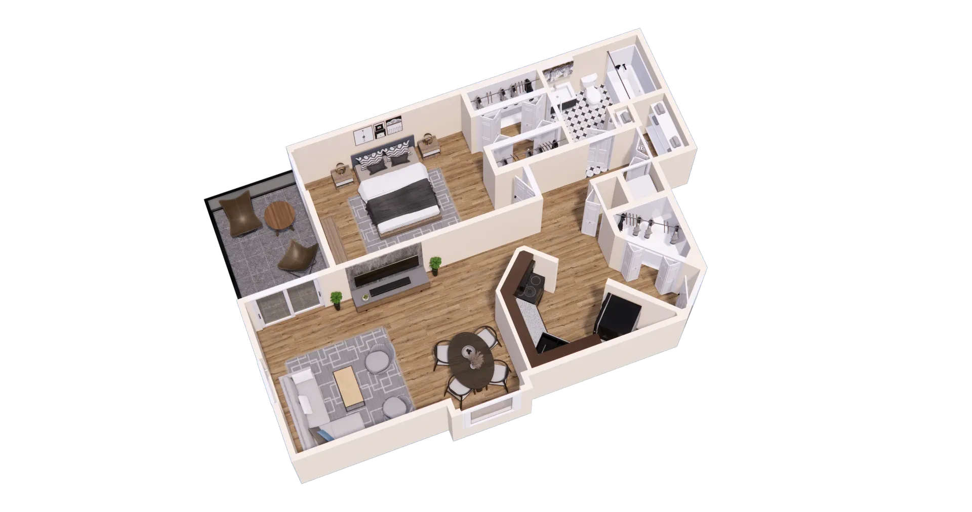Floor plan of an apartment: bedroom with balcony, kitchen, living room with a table, another balcony.