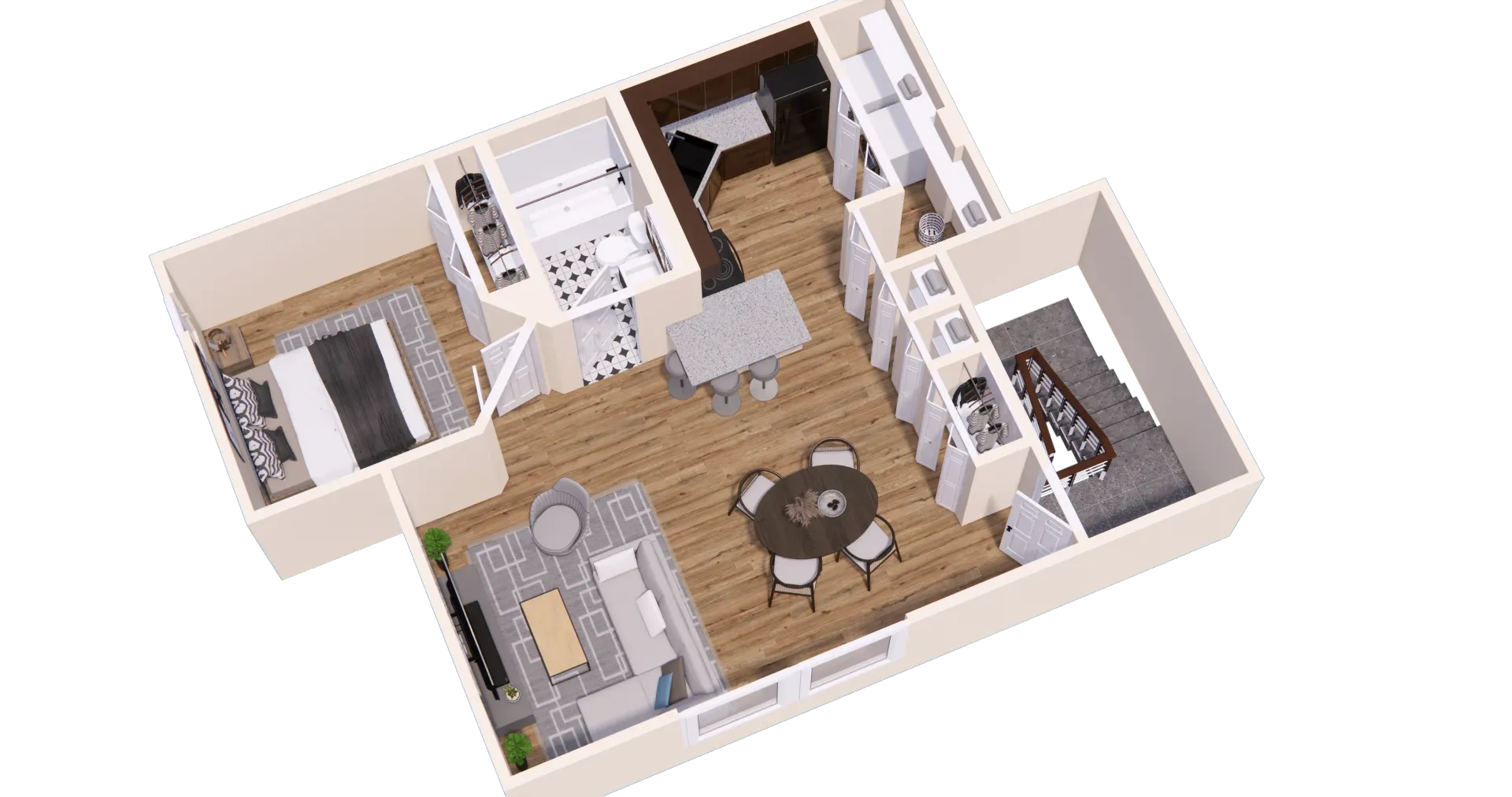 3D floor plan of an apartment: bedroom, living room, kitchen with island, and dining area.