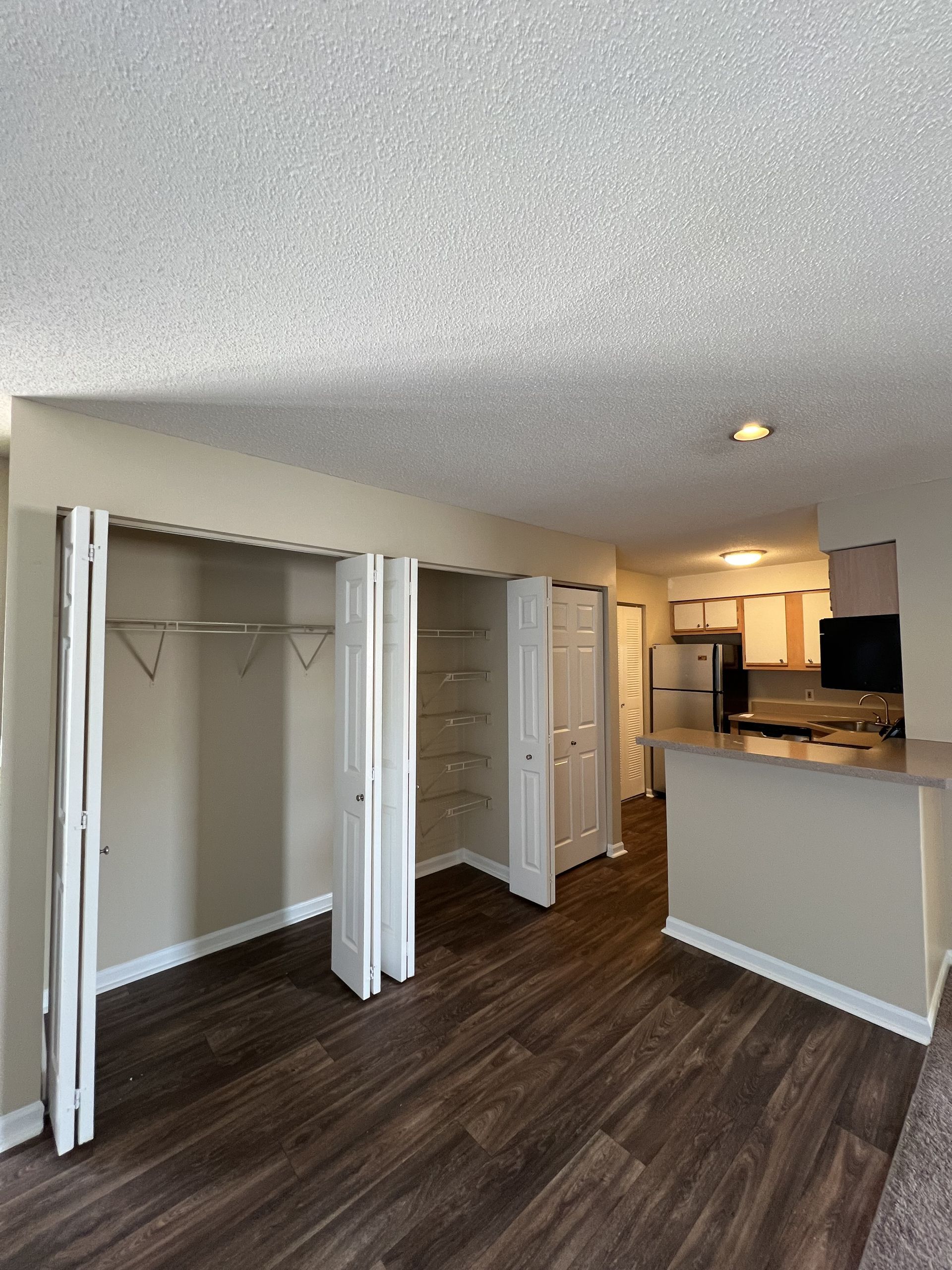 Apartment interior: Dark wood floor, two white closet doors open, leading to the kitchen.