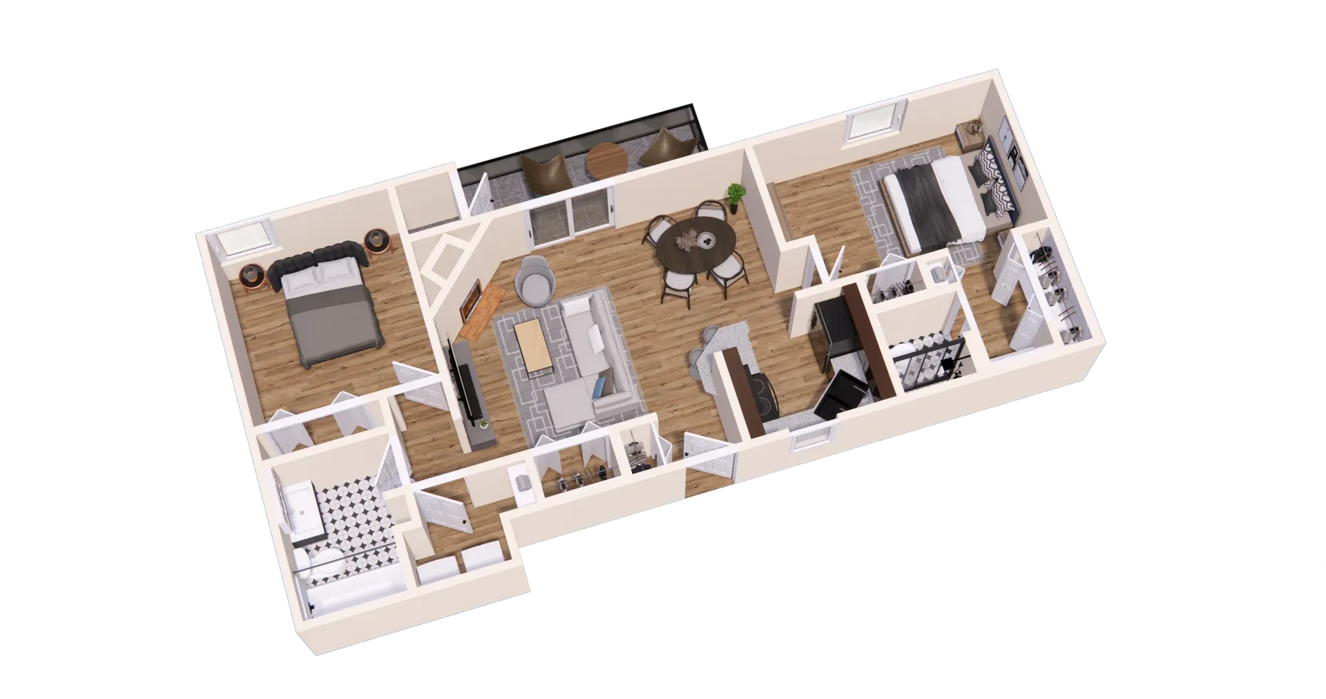 Floor plan of an apartment with two bedrooms, kitchen, and living room, with furniture.