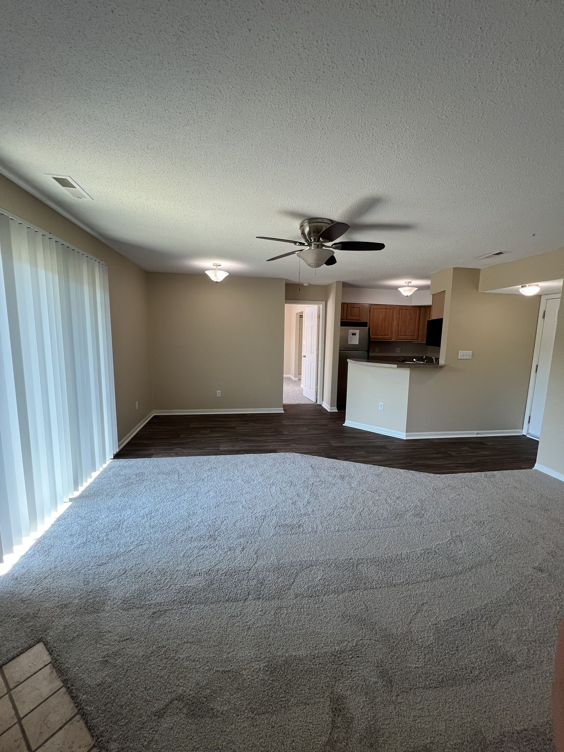 Living room with grey carpet, dark wood floors, and access to the kitchen; neutral walls and ceiling fan.