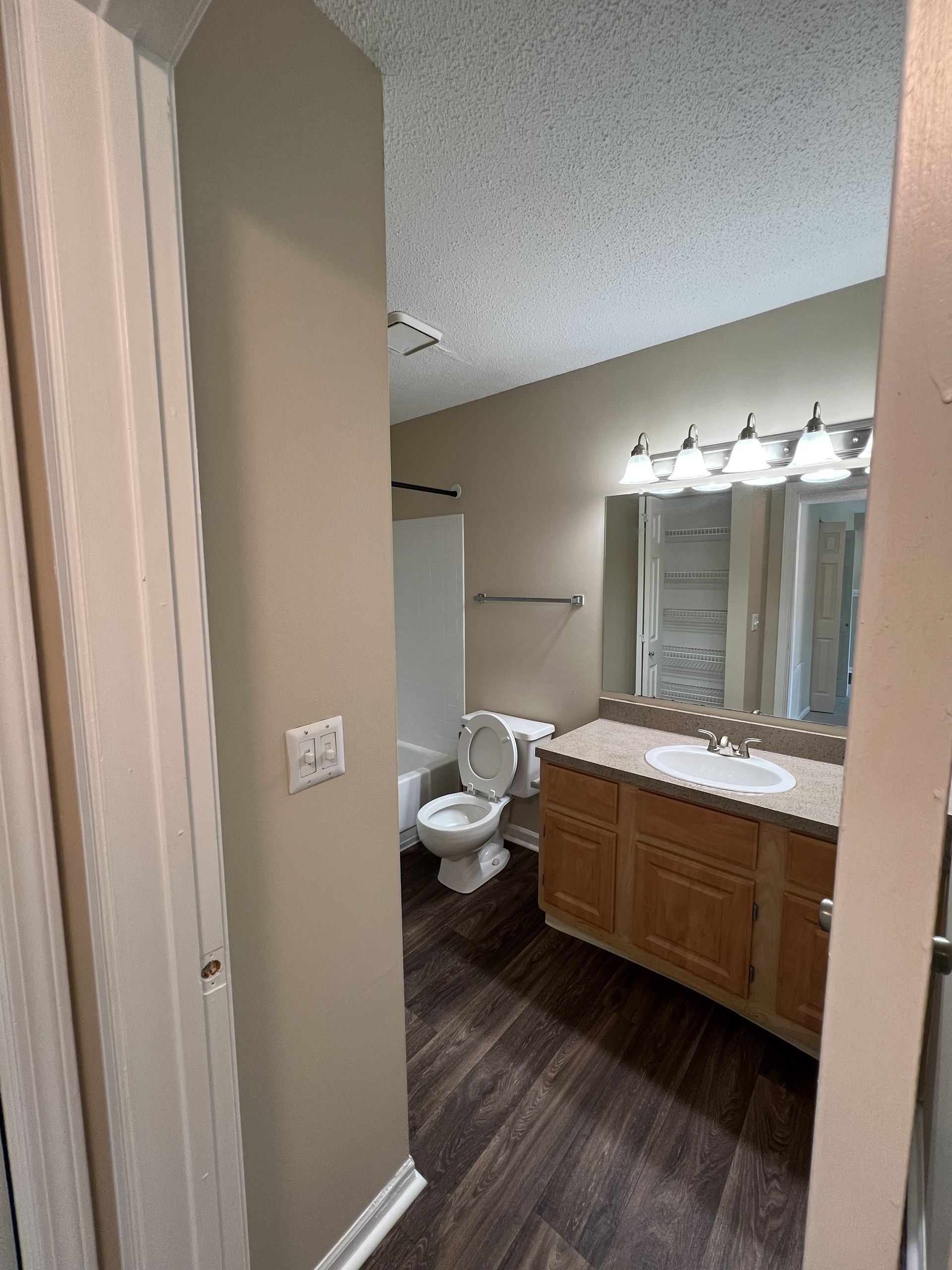 Bathroom interior with vanity, toilet, shower, and light-colored walls.