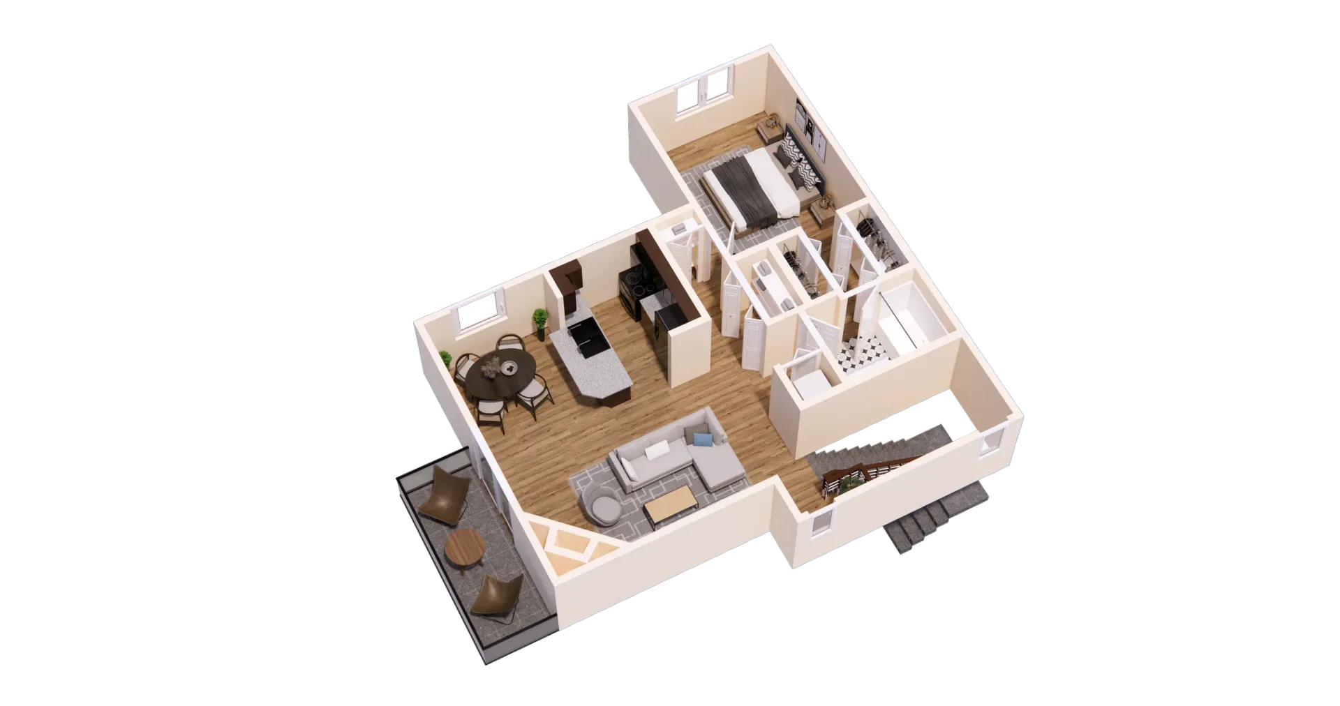 3D floor plan of a modern apartment with furniture, including a living area, bedroom, kitchen, and balcony.