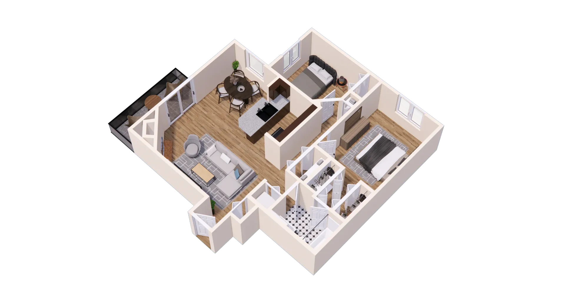 Floor plan of a two-bedroom apartment with living room, kitchen, dining area, and balcony.