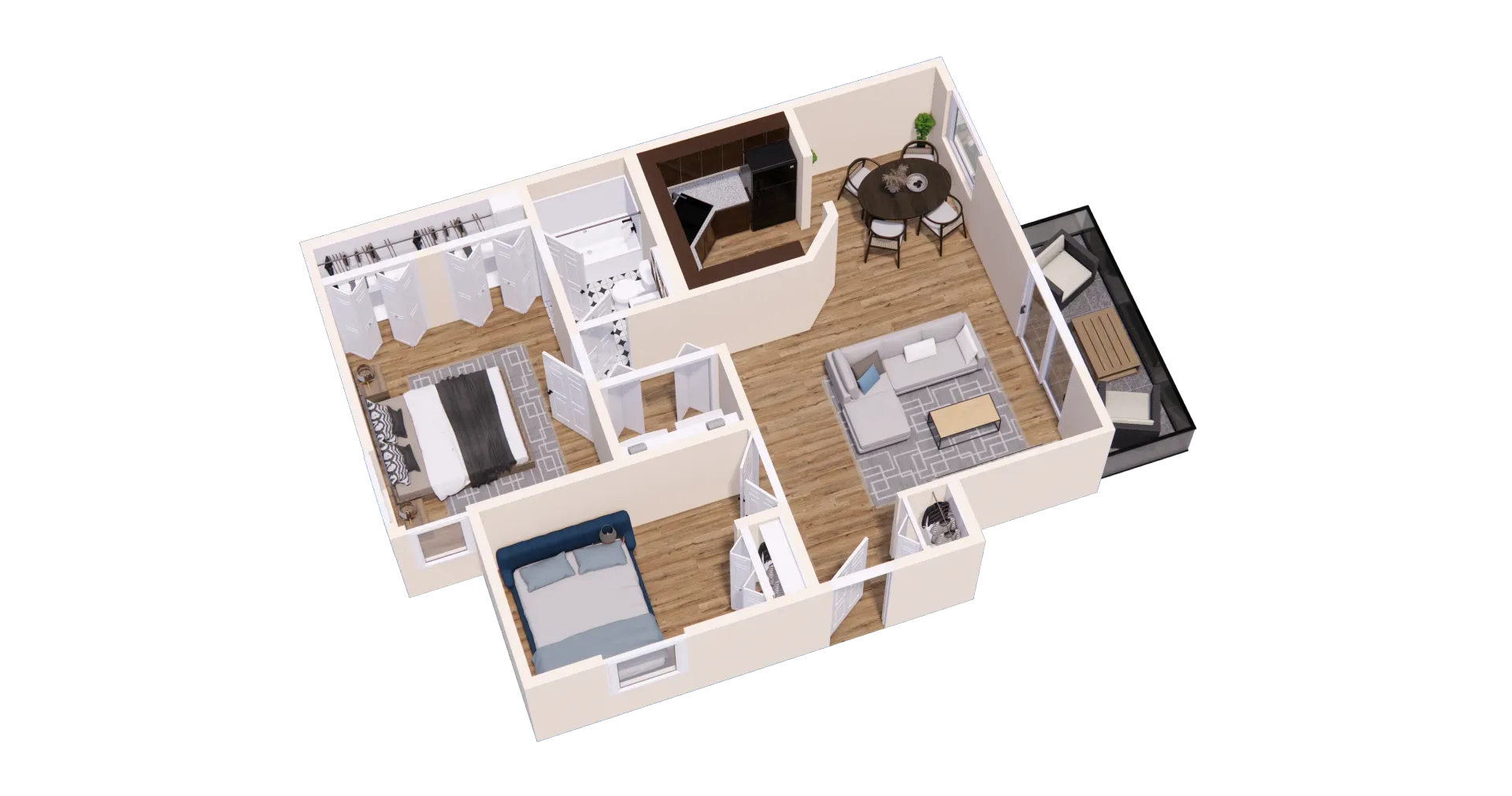 Floor plan: Furnished apartment layout with bedroom, bathroom, kitchen, dining, and living area.
