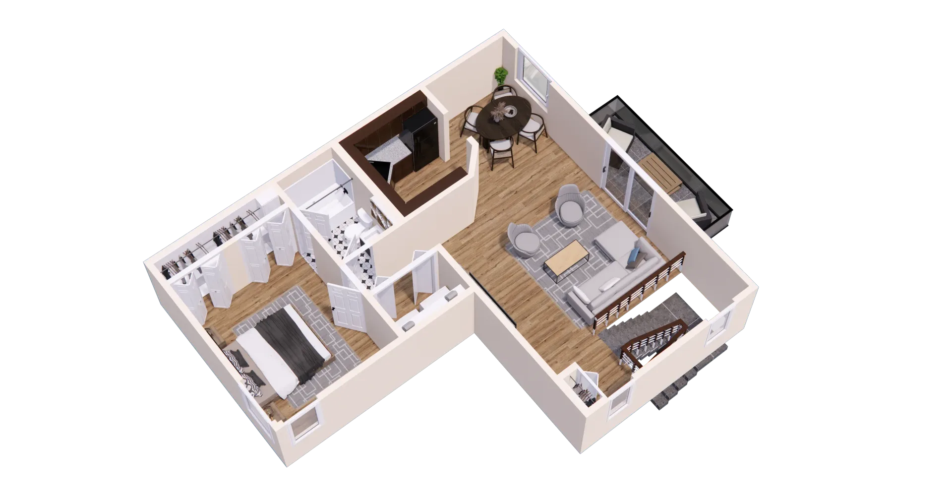 Floor plan of an apartment with living area, kitchen/dining, bedroom, and bathroom.