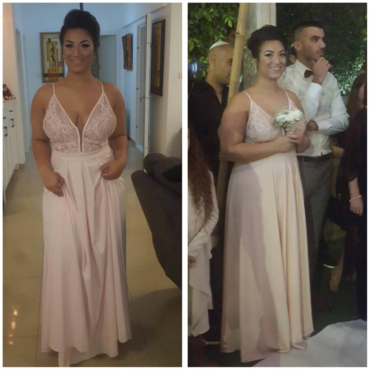 אישה בשמלה ורודה מחייכת; עומדת בפנים, באירוע ומחזיקה פרחים.