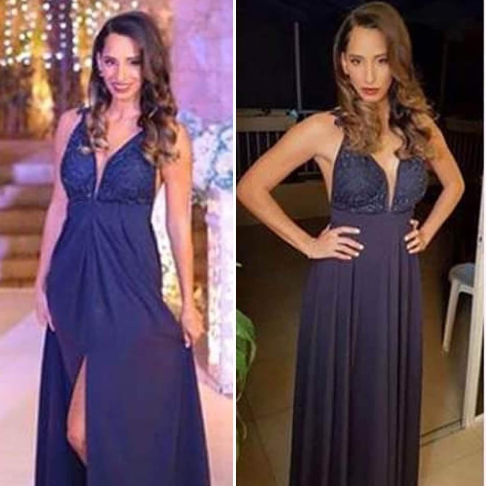 אישה בשמלה רשמית כחולה כהה עם צווארון עמוק, פוזת בתוך הבית ומחוצה לו.