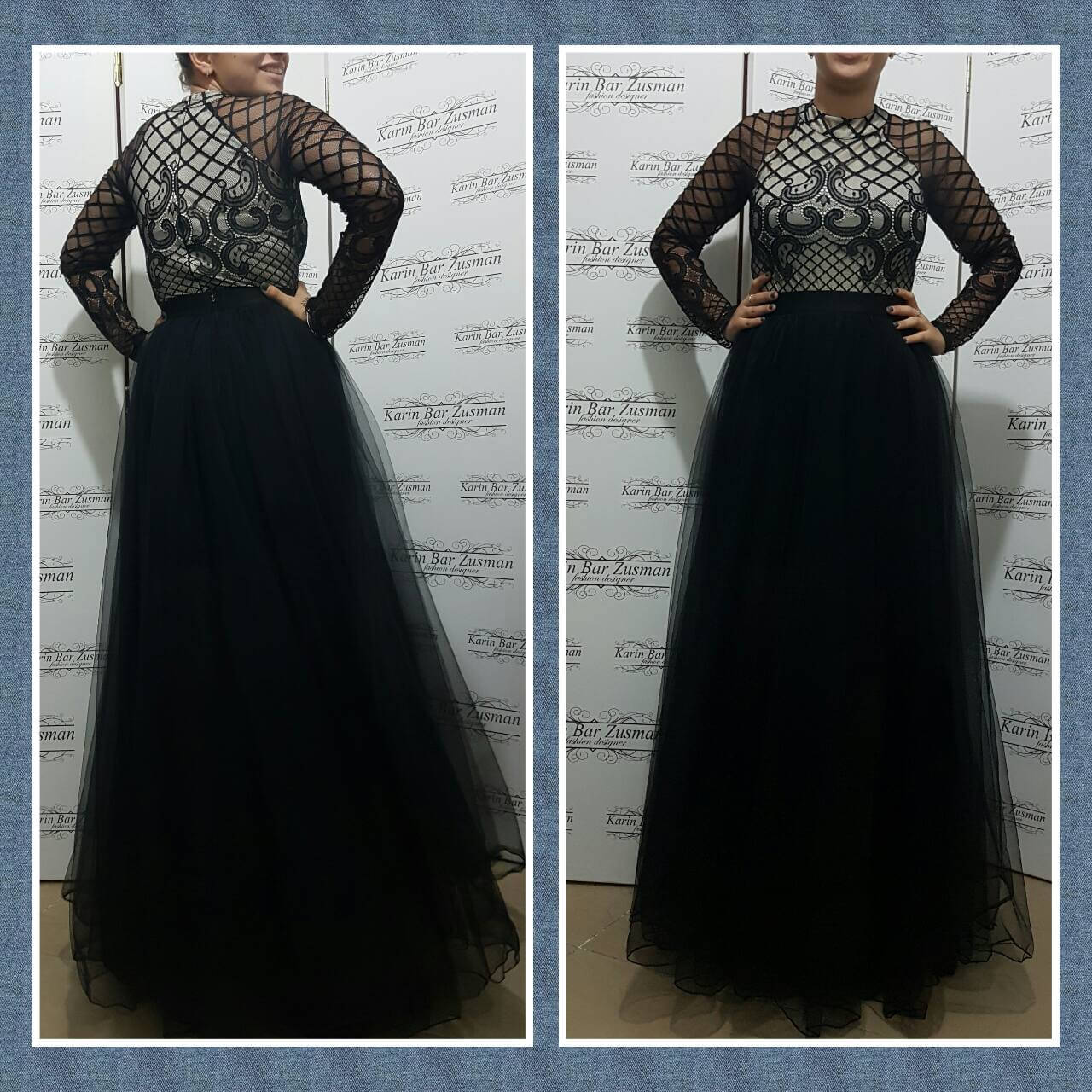 אישה בשמלה רשמית בשחור לבן, ידיים על הירכיים.