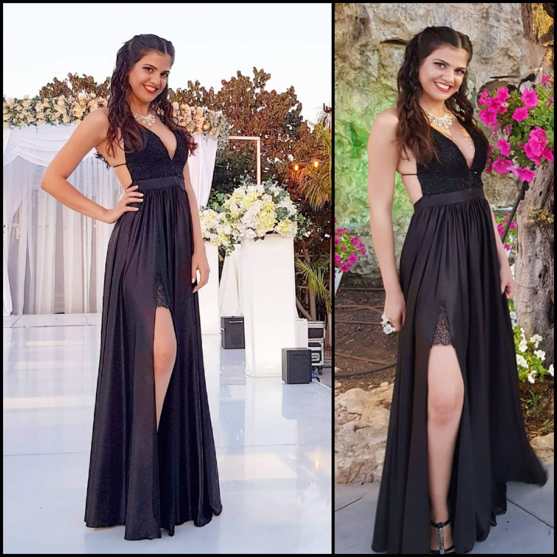 אישה בשמלה שחורה חגיגית מחייכת; סביבה חיצונית.