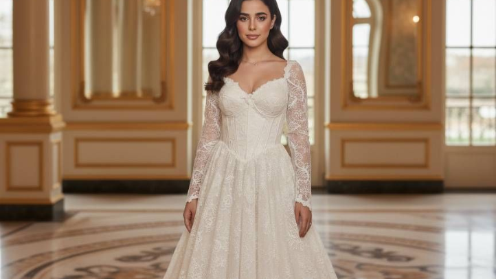 Woman in wedding dress, standing indoors. The dress is off-white with long sleeves.