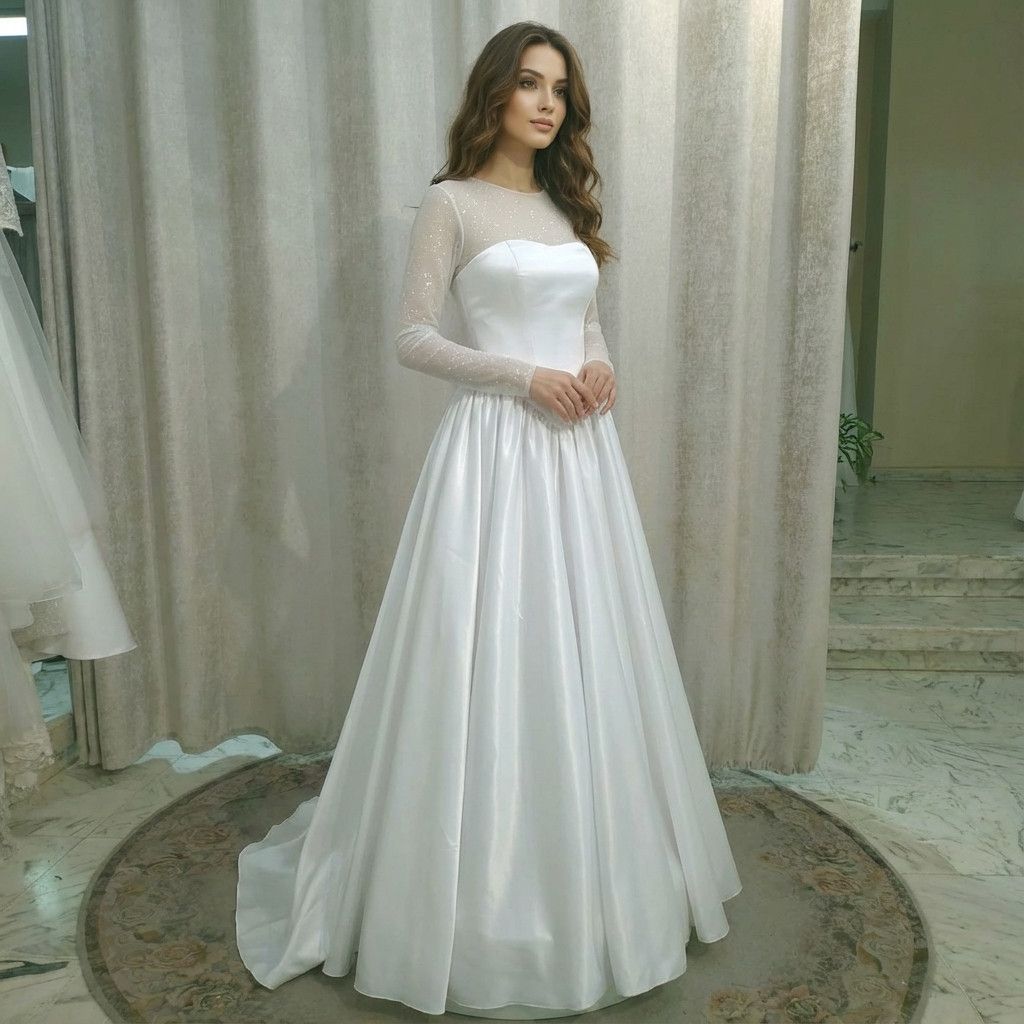 שמלת כלה חלקה עם חצאית גולשת ושרוולים ארוכים קולקציה 2026 - מעצבת קארין בר זוסמן