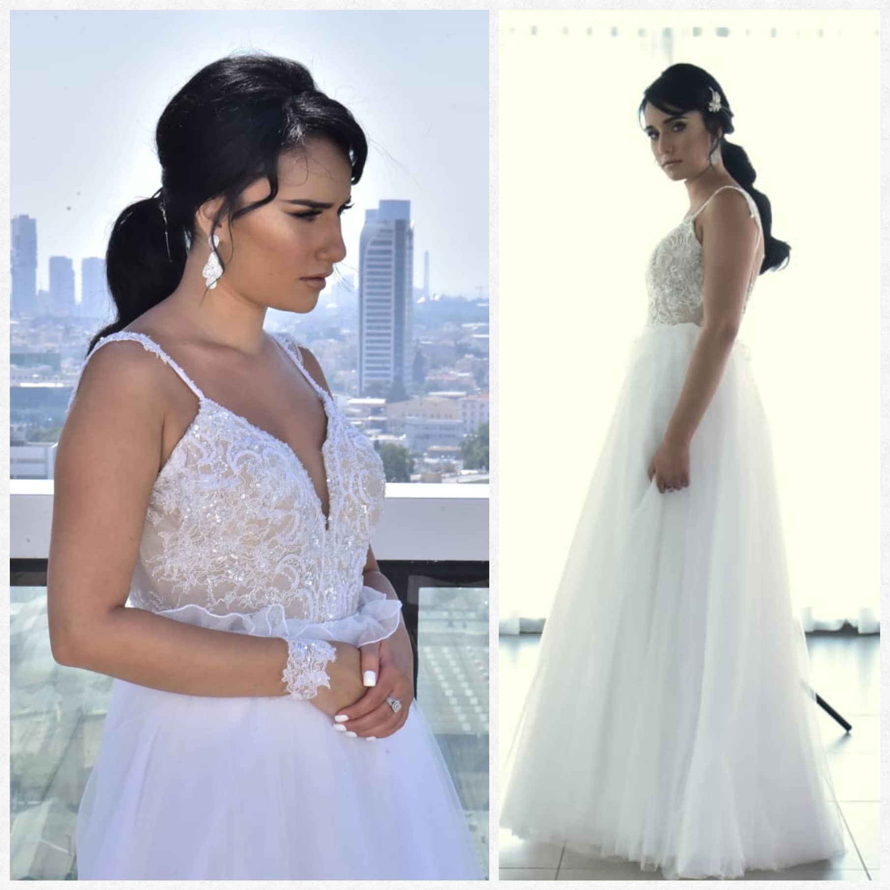 אישה בשמלת כלה, חצאית טול לבנה, מחוך מפורט, רקע של קו הרקיע של העיר.