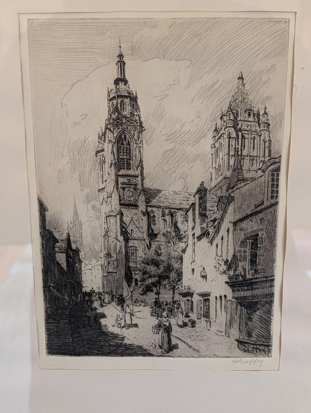 Ink sketch of a narrow city street with tall church towers and buildings