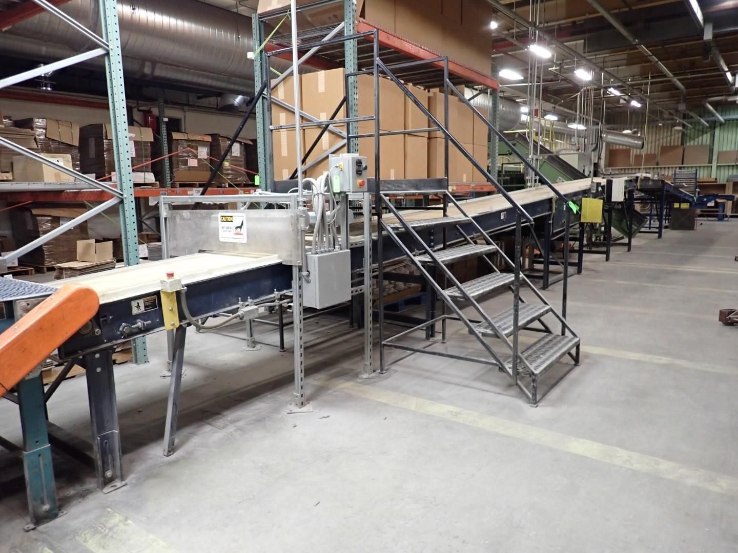 Warehouse conveyor system with stairs, metal shelves, boxes, and a control panel.