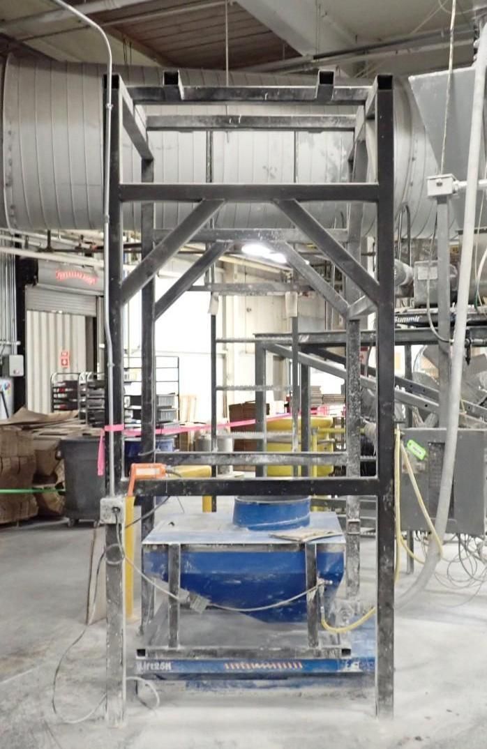 Metal framework with a blue container inside.