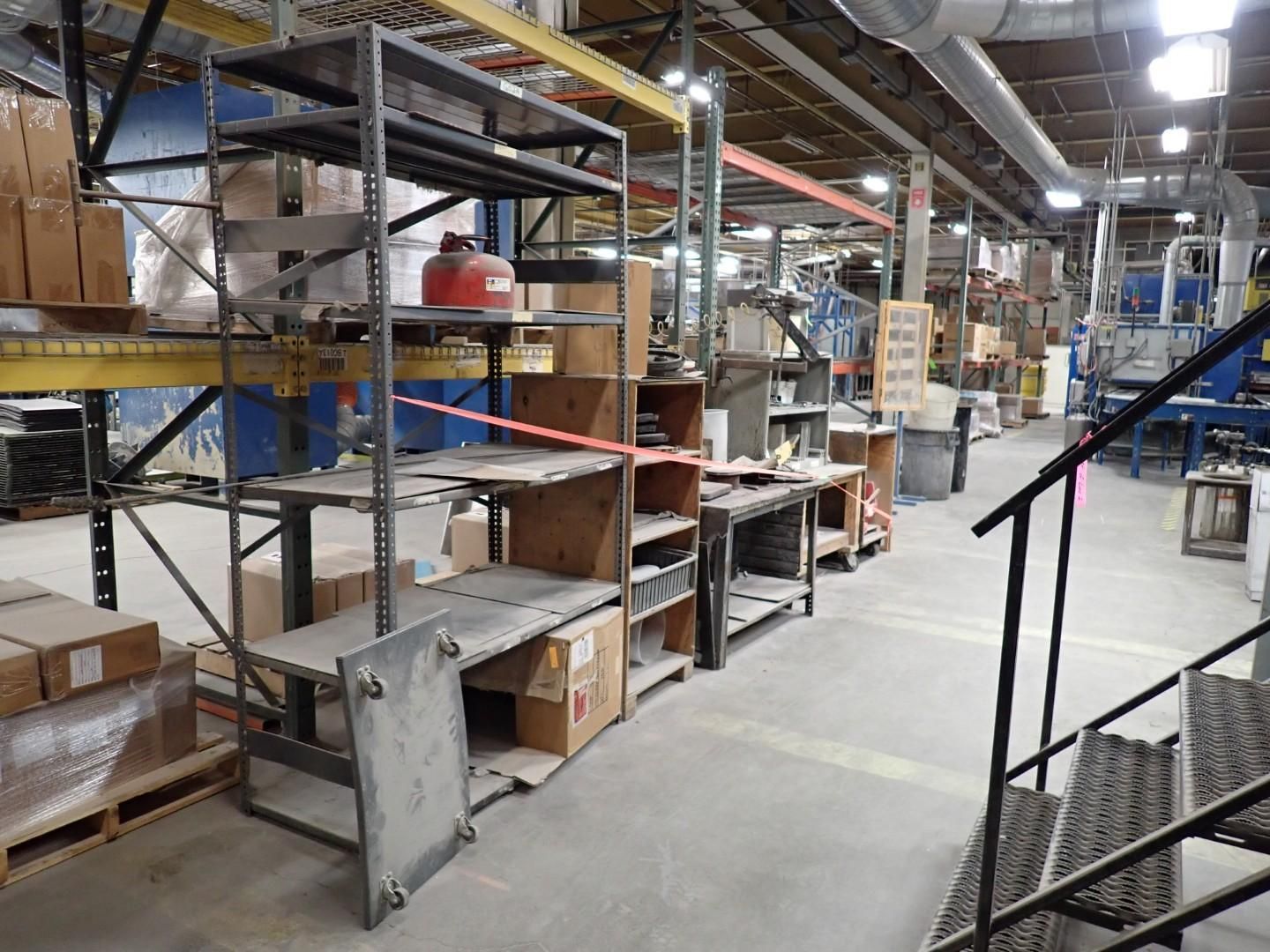 Metal shelving units in a warehouse.