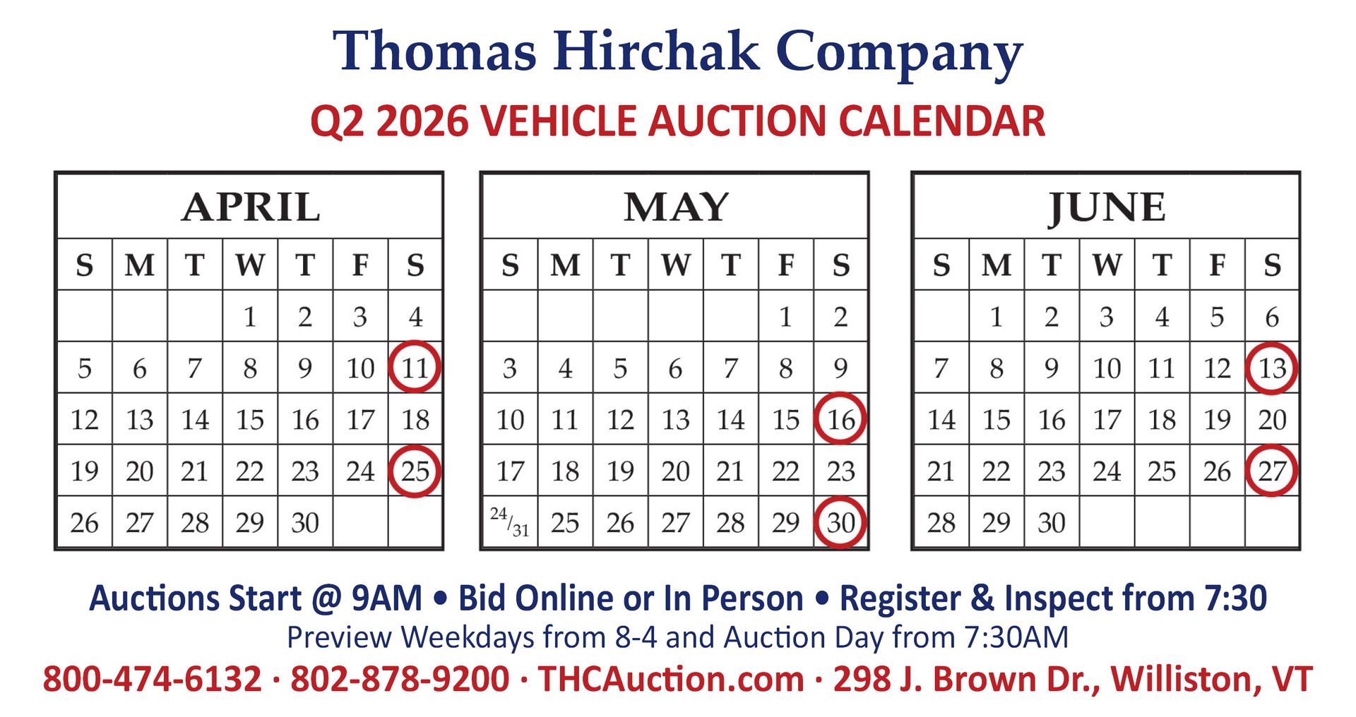 Calendar for Thomas Hirchak Company vehicle auctions in Q1 2026. Dates circled in January, February, and March.