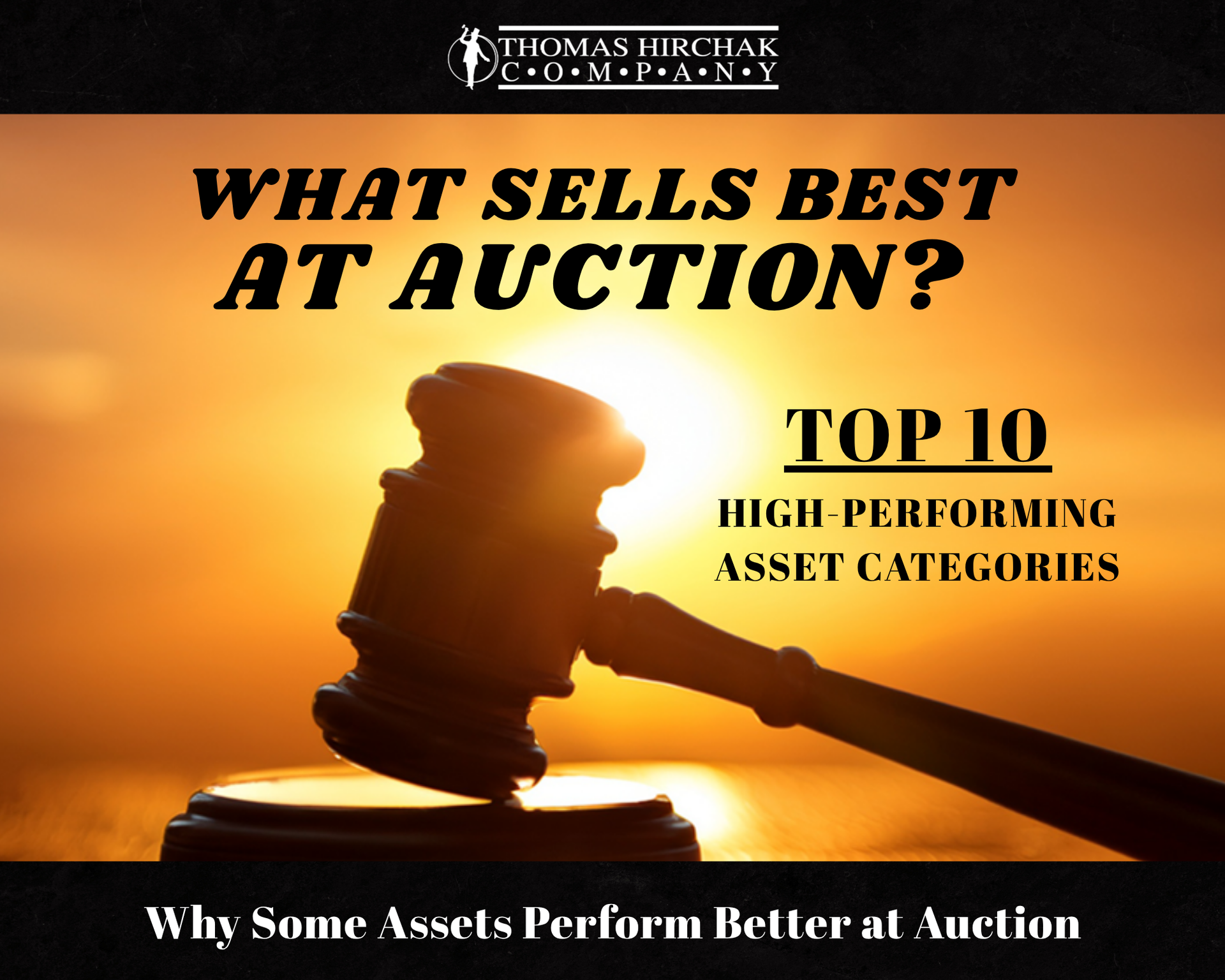 A gavel sits on a block at sunset, with text reading