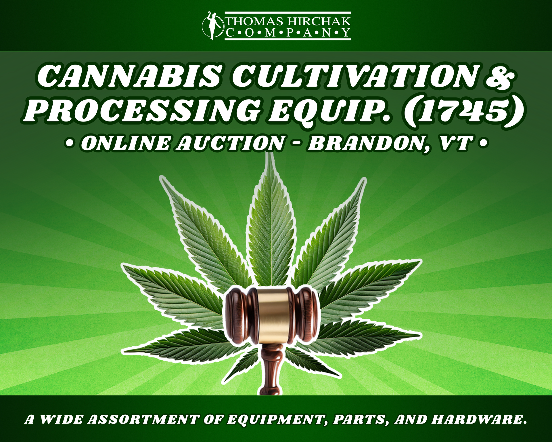 Cannabis cultivation and processing equipment auction banner with green background and leaf gavel icon