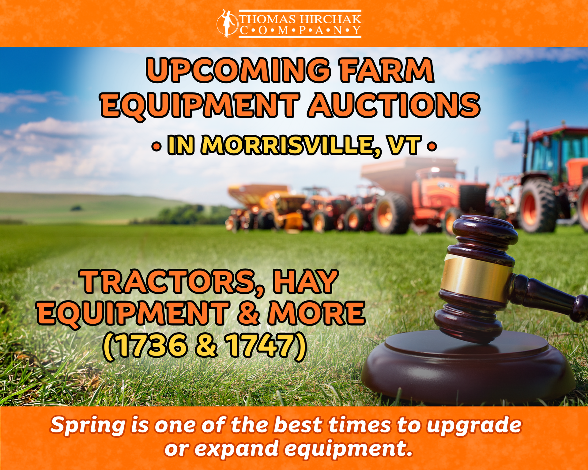Upcoming farm equipment auctions in Morrisville, VT, with tractors, hay equipment, and a gavel