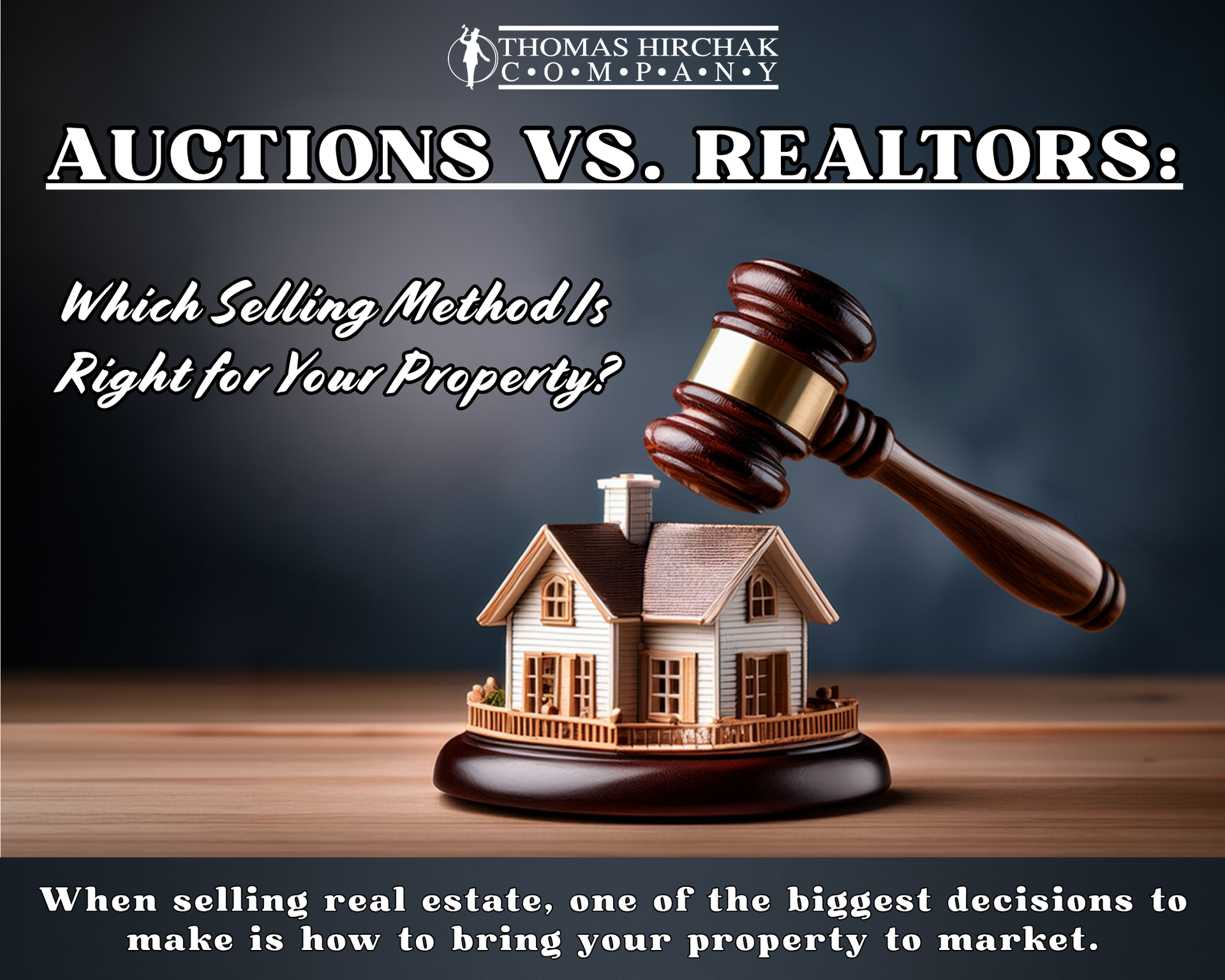 Real estate auction graphic with gavel over house model and text “Auctions vs. Realtors” on dark background