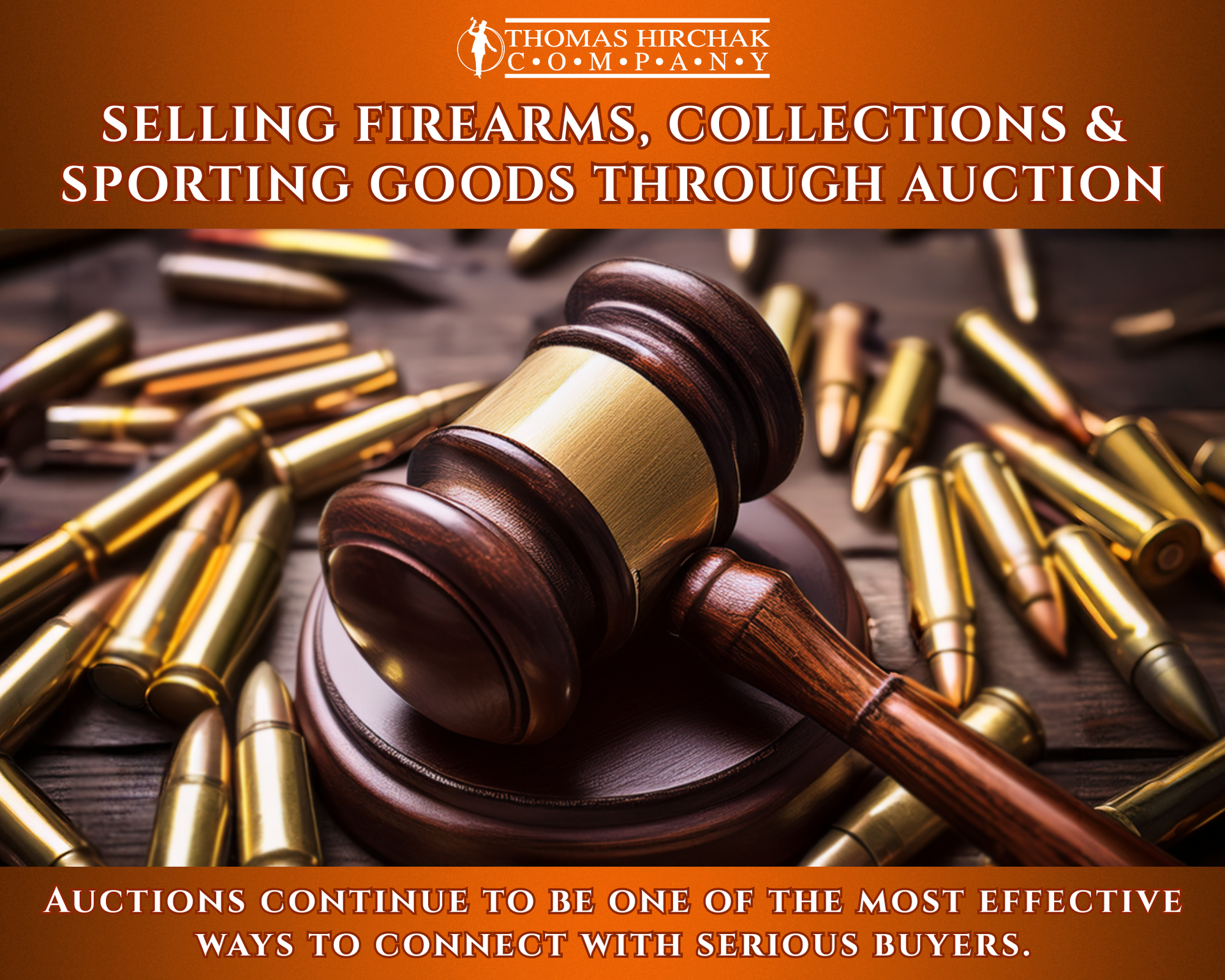 Auction gavel on bullets with text promoting firearm and sporting goods auctions