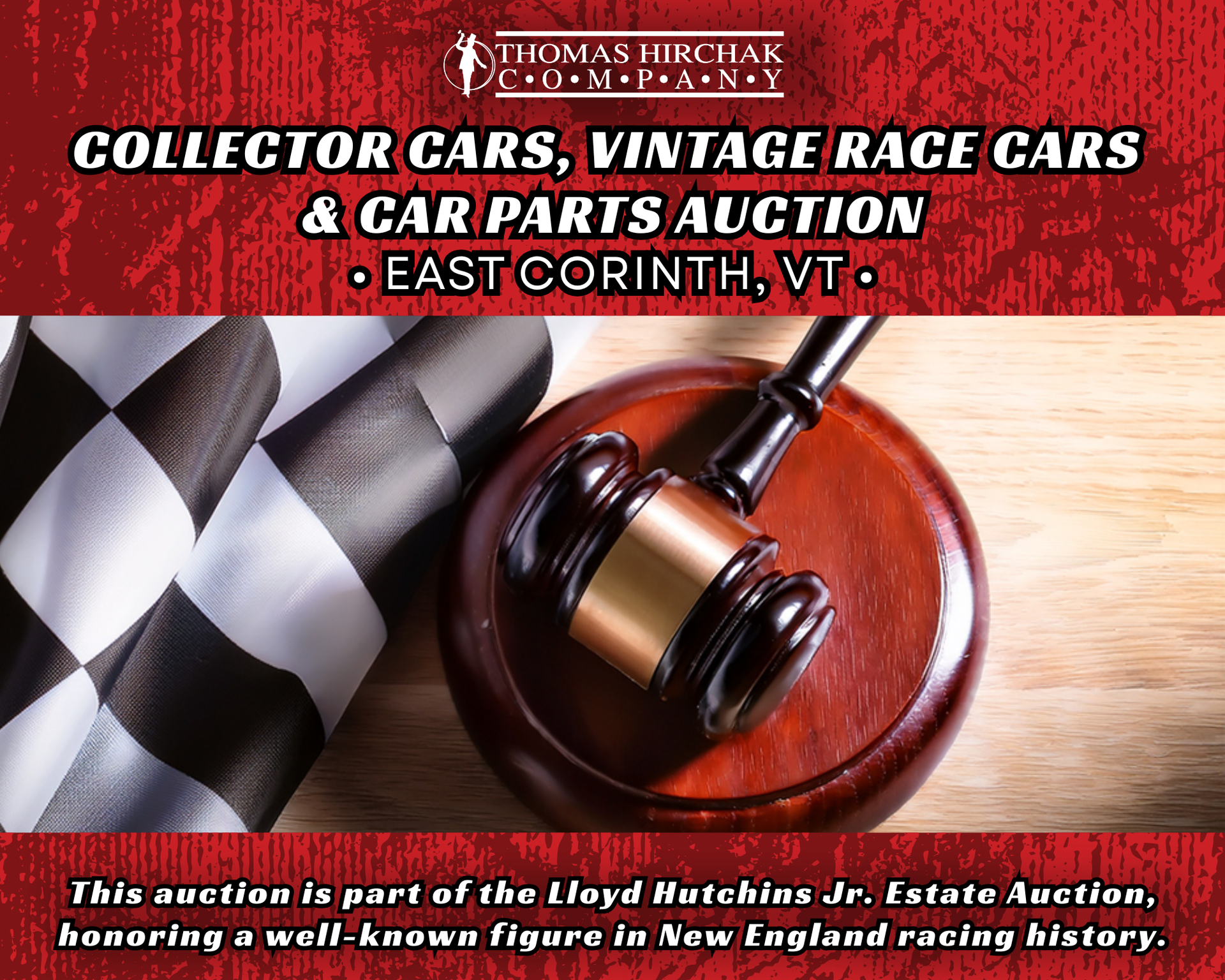 Auction flyer for collector, vintage and classic cars, with gavel and checkered flag, East Corinth, VT.