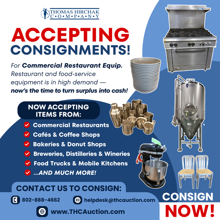 Consignments wanted for restaurant equipment with contact details and product photos.